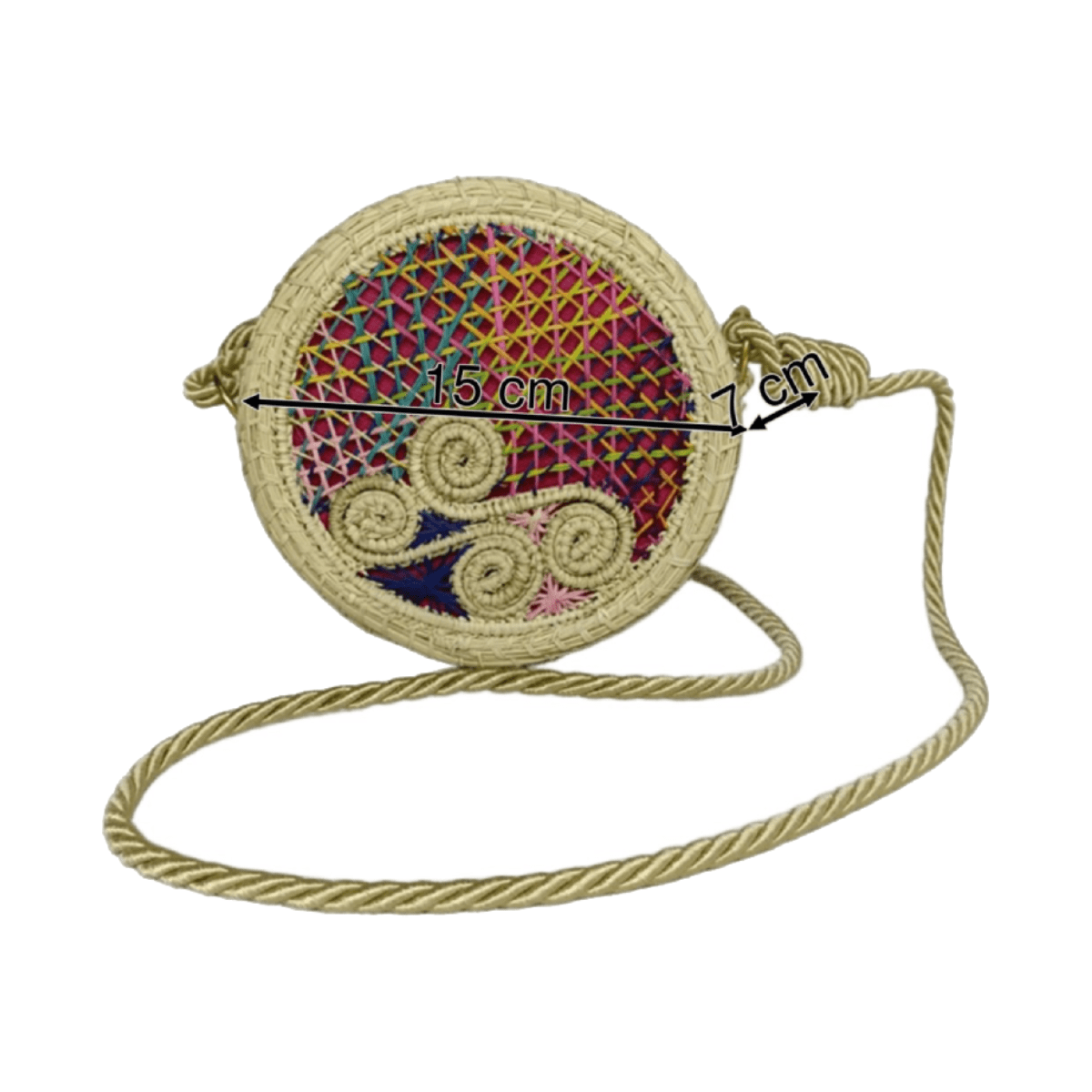 Bolso yoyo redondo en palma de iraca con tejido colorido, figuras en forma de caracoles y lazo beige