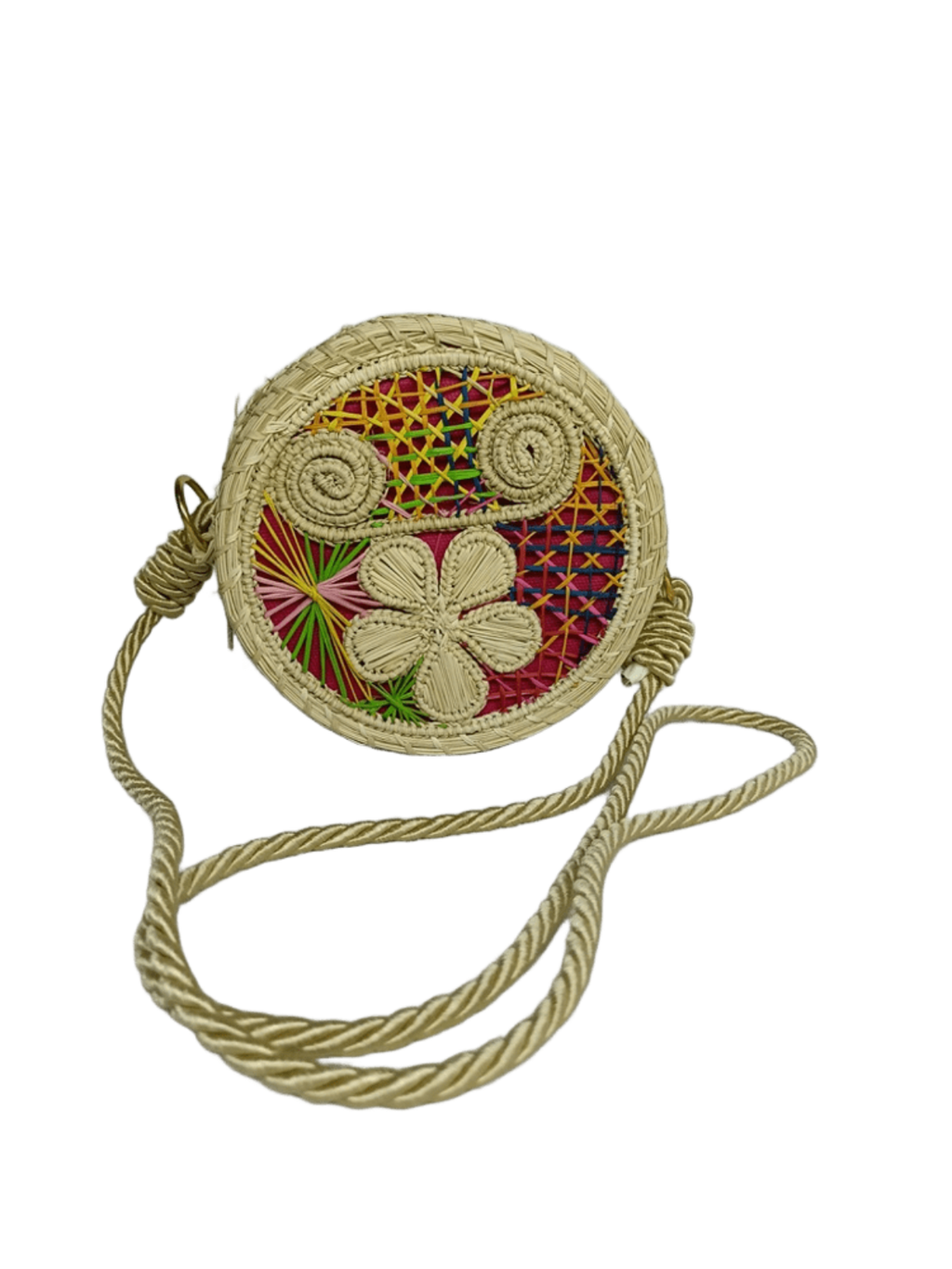 Bolso yoyo redondo en palma de iraca con tejido colorido, figuras en forma de flores y caracoles con lazo beige