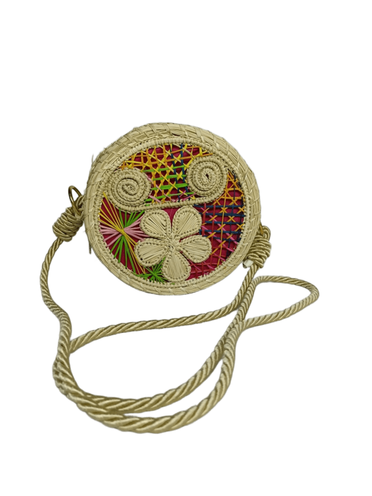 Bolso yoyo redondo en palma de iraca con tejido colorido, figuras en forma de flores y caracoles con lazo beige