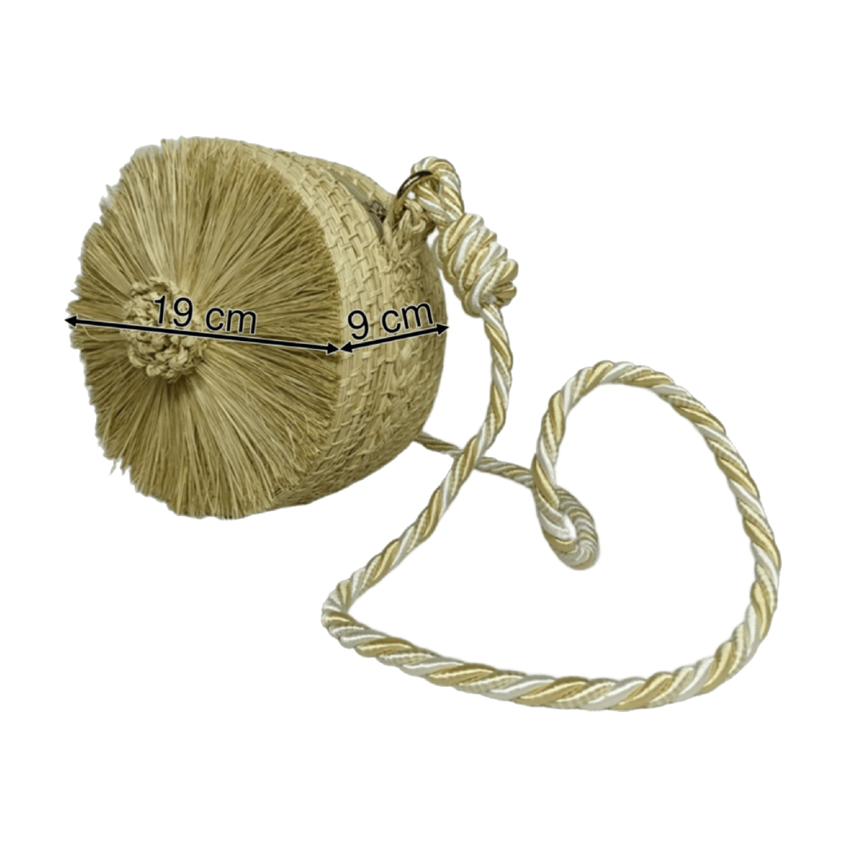 Bolso yoyo redondo de perfil en palma de iraca con tejido en forma de bellota, lazo beige y herraje artesanal