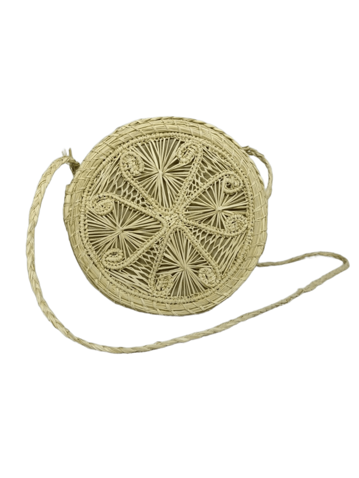 Bolso yoyo redondo en palma de iraca con tejido natural con figuras y lazo tipo trenza color beige