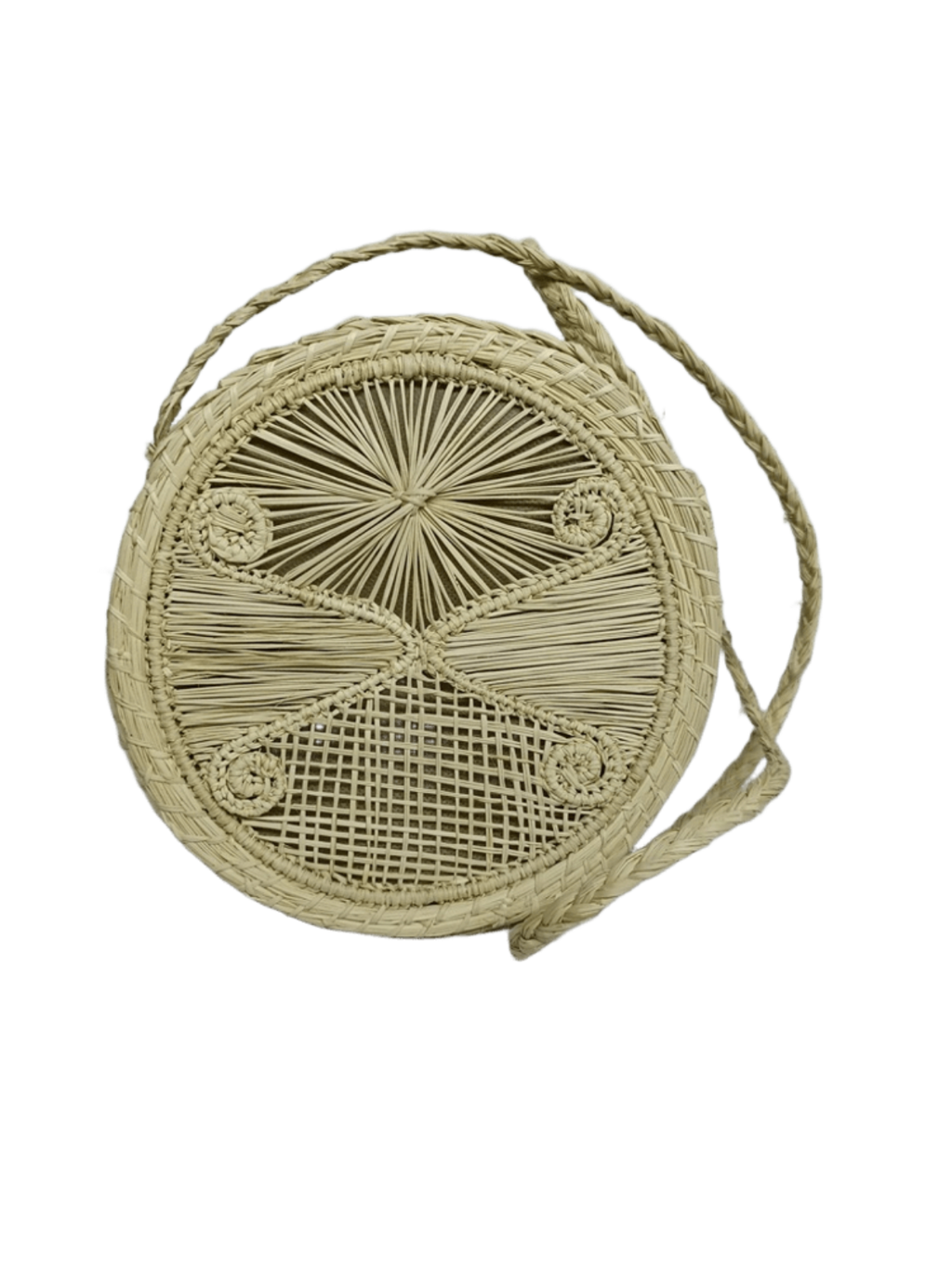 Bolso yoyo redondo en palma de iraca con tejido natural con figuras y lazo tipo trenza color beige