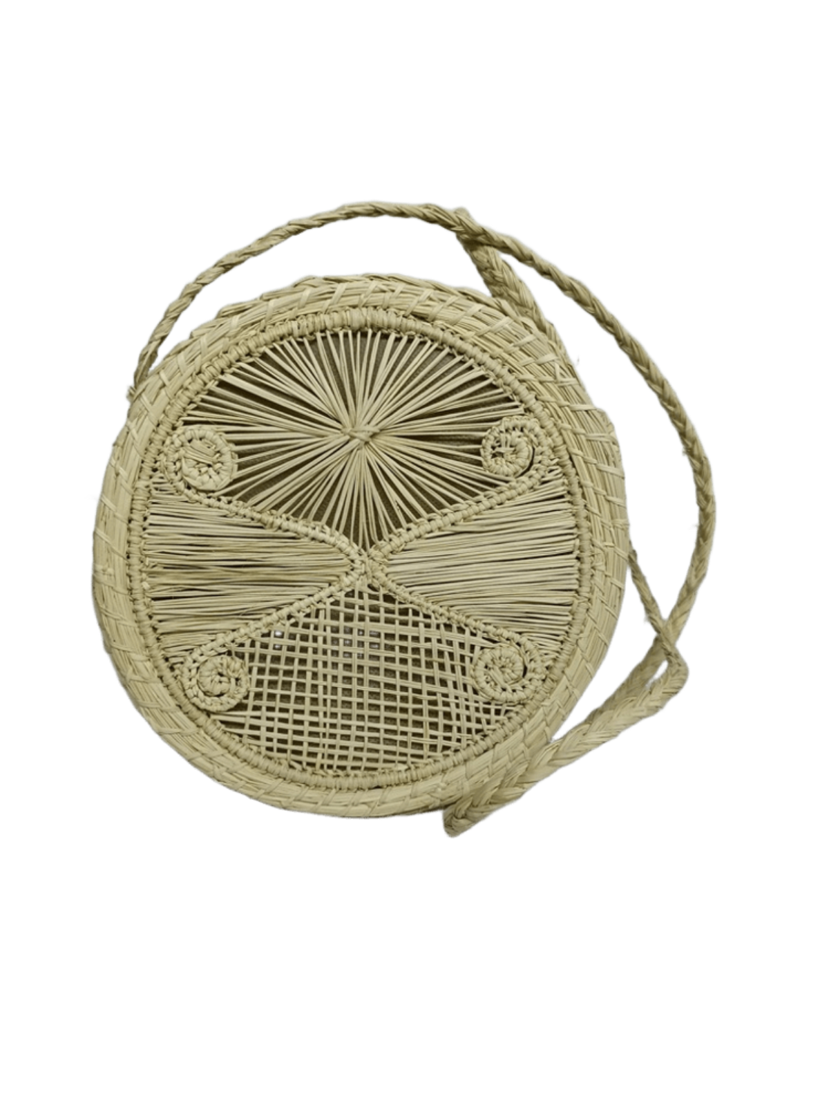 Bolso yoyo redondo en palma de iraca con tejido natural con figuras y lazo tipo trenza color beige