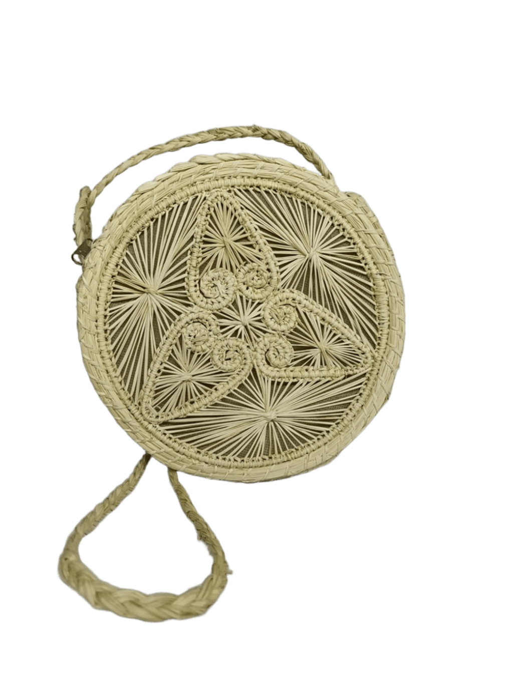 Bolso yoyo redondo en palma de iraca con tejido natural con figuras y lazo tipo trenza color beige