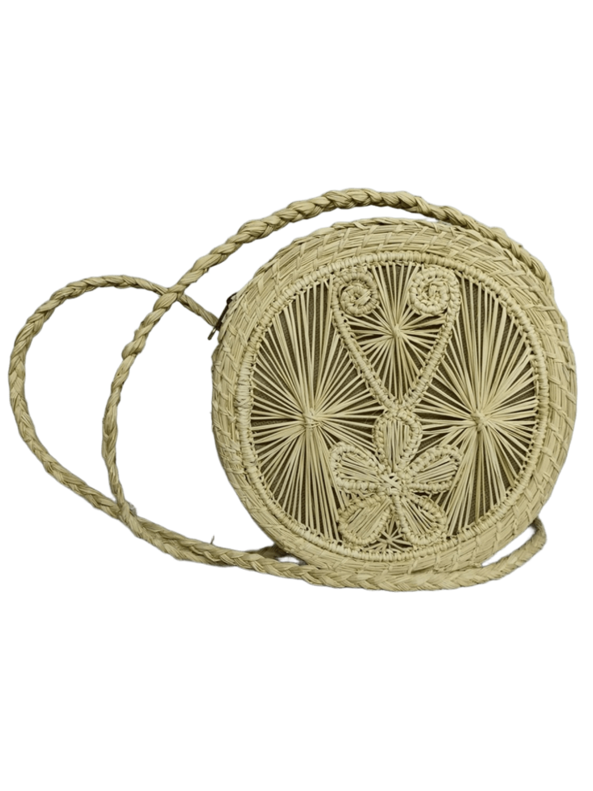 Bolso yoyo redondo en palma de iraca con tejido natural con figuras y lazo tipo trenza color beige