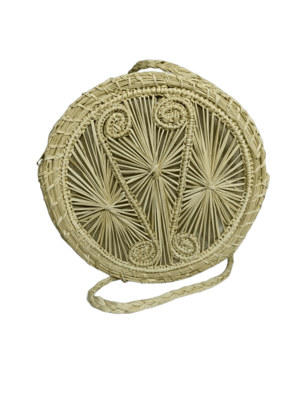 Bolso yoyo redondo en palma de iraca con tejido natural con figuras y lazo tipo trenza color beige