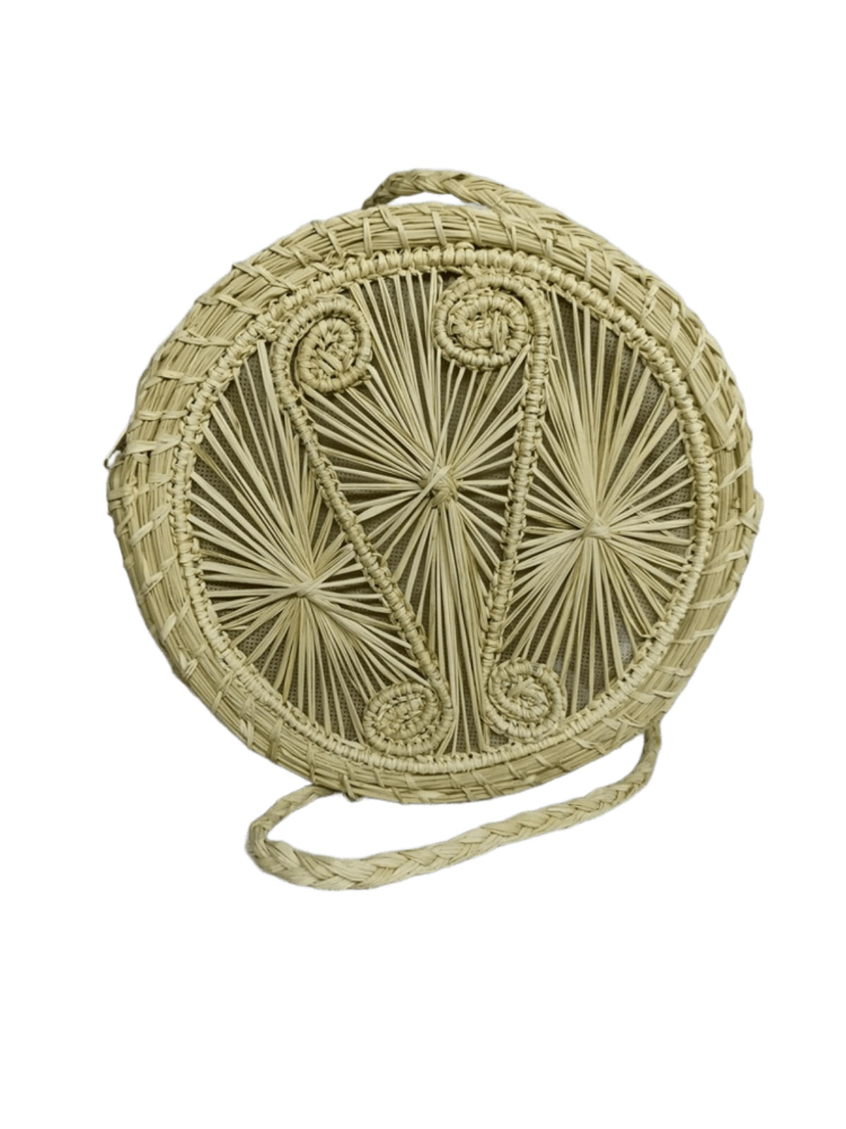 Bolso yoyo redondo en palma de iraca con tejido natural con figuras y lazo tipo trenza color beige
