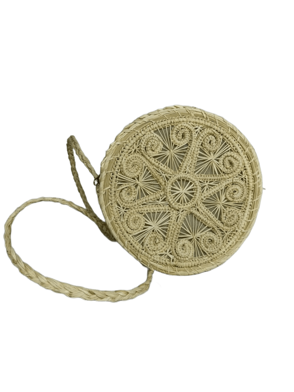 Bolso yoyo redondo en palma de iraca con tejido natural con figuras y lazo tipo trenza color beige