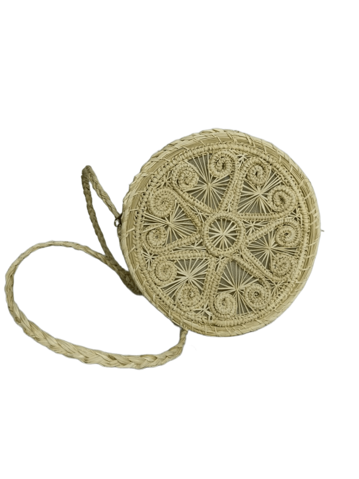Bolso yoyo redondo en palma de iraca con tejido natural con figuras y lazo tipo trenza color beige
