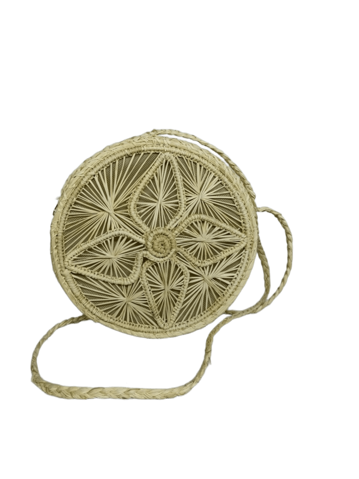 Bolso yoyo redondo en palma de iraca con tejido natural con figuras y lazo tipo trenza color beige
