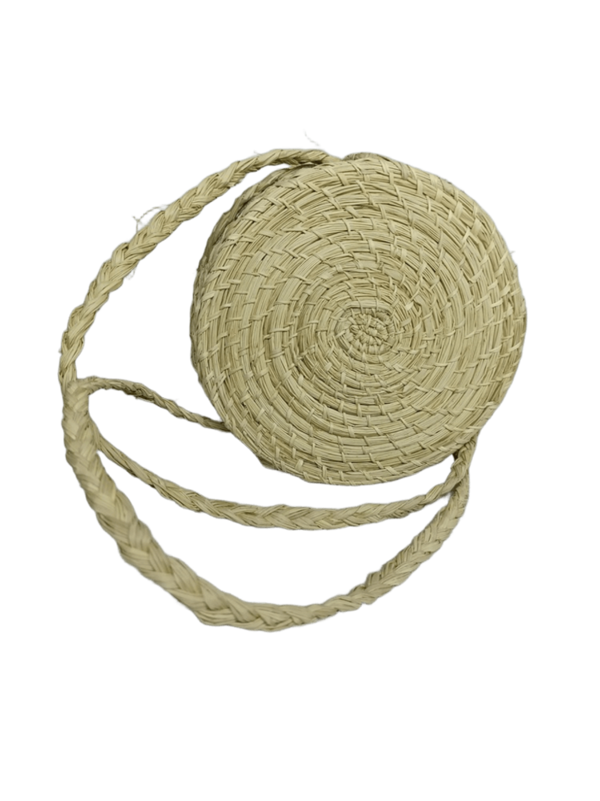 Bolso yoyo redondo en palma de iraca con tejido natural con figuras y lazo tipo trenza color beige