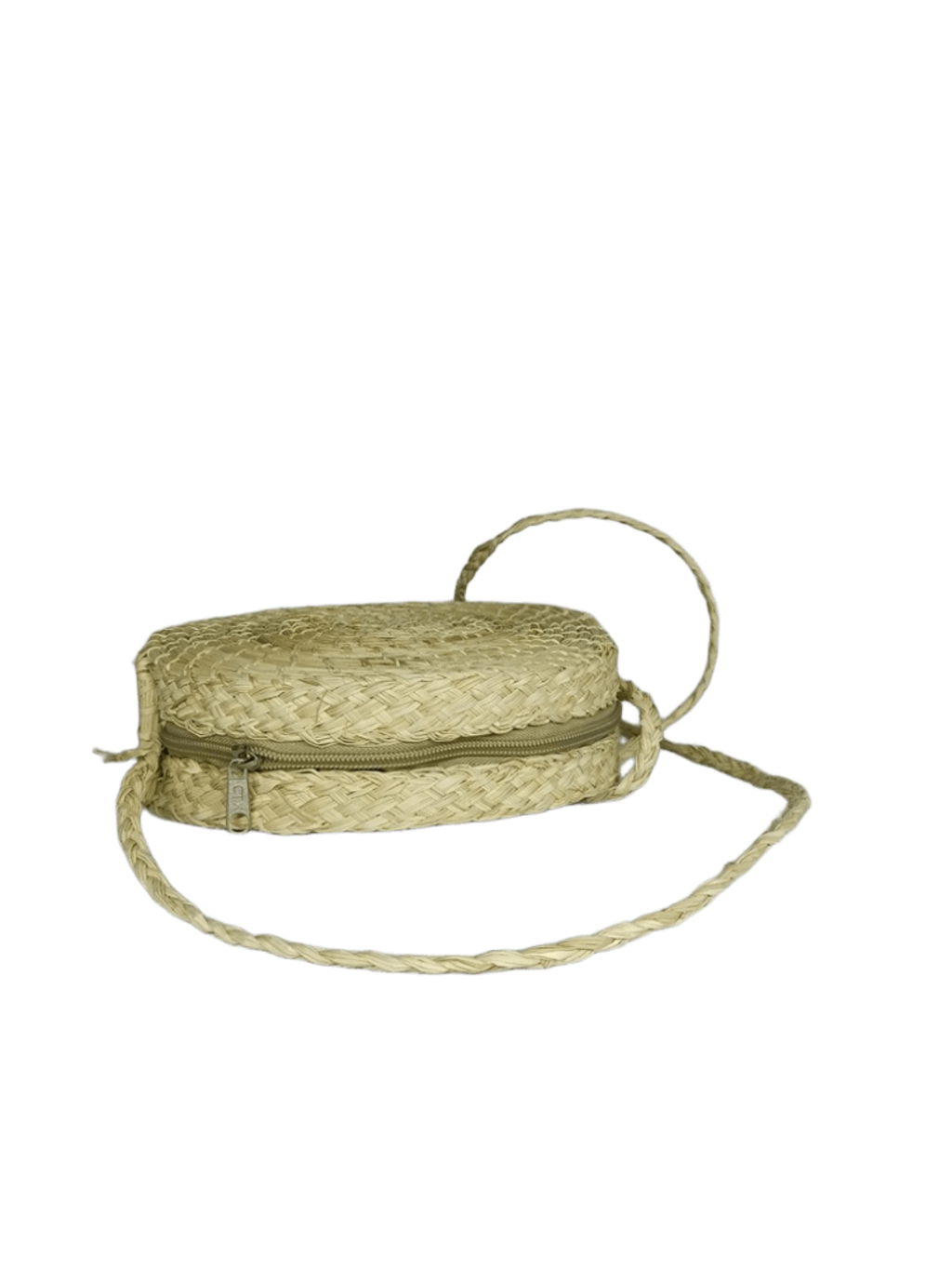 Bolso yoyo redondo acostado en palma de iraca con tejido natural con figuras y lazo tipo trenza color beige