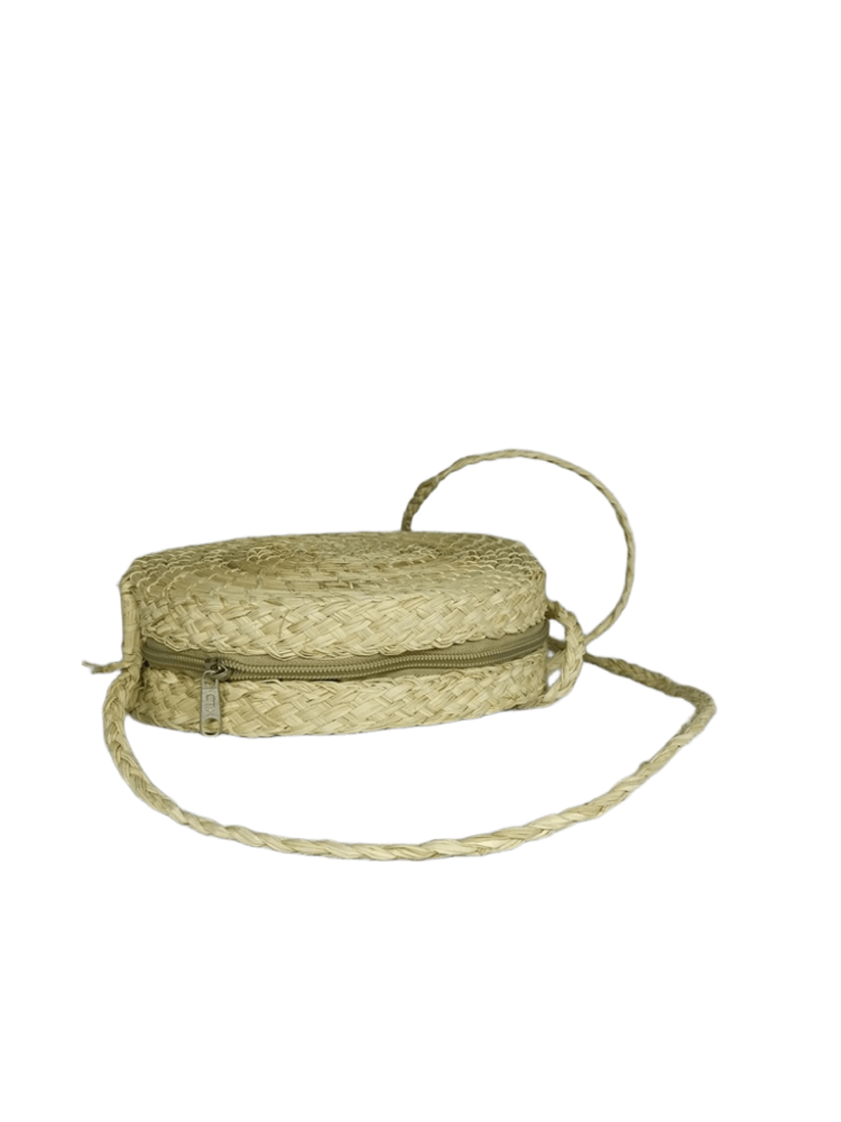 Bolso yoyo redondo acostado en palma de iraca con tejido natural con figuras y lazo tipo trenza color beige