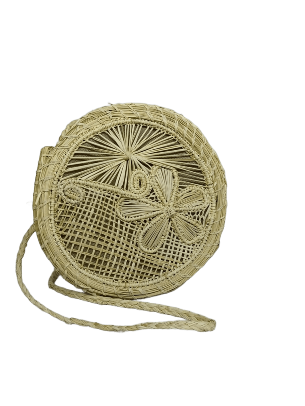 Bolso yoyo redondo en palma de iraca con tejido natural con figuras y lazo tipo trenza color beige