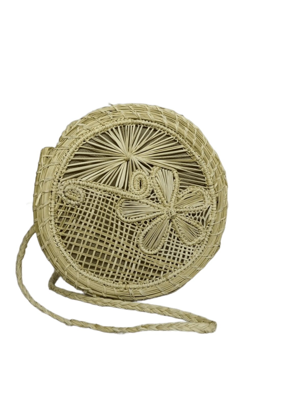 Bolso yoyo redondo en palma de iraca con tejido natural con figuras y lazo tipo trenza color beige
