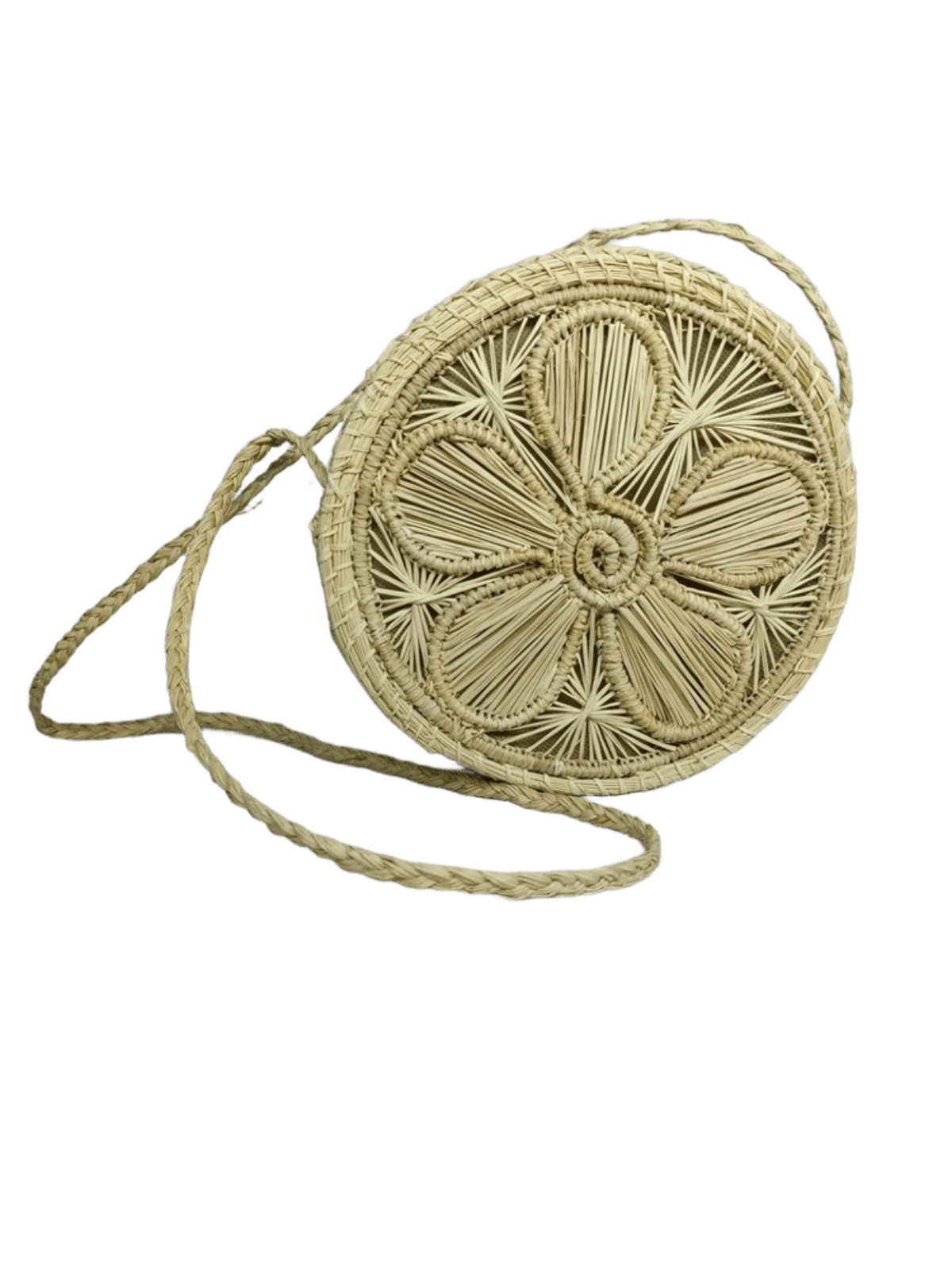 Bolso yoyo redondo en palma de iraca con tejido natural con figuras y lazo tipo trenza color beige