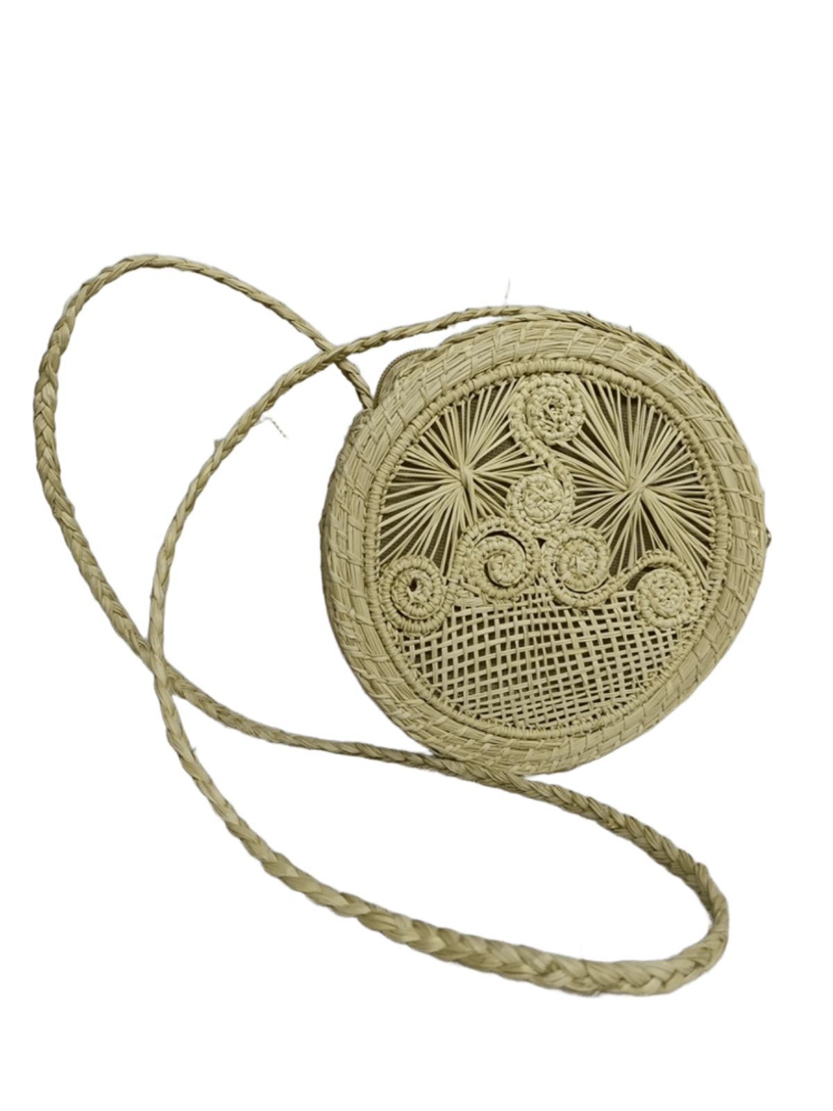 Bolso yoyo redondo en palma de iraca con tejido natural con figuras y lazo tipo trenza color beige
