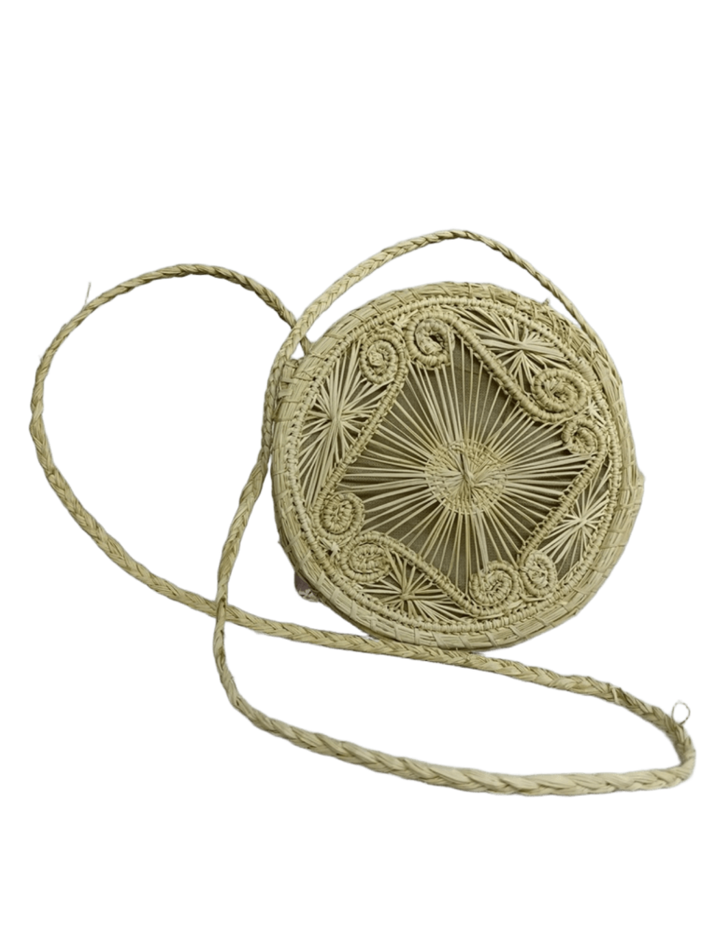 Bolso yoyo redondo en palma de iraca con tejido natural con figuras y lazo tipo trenza color beige