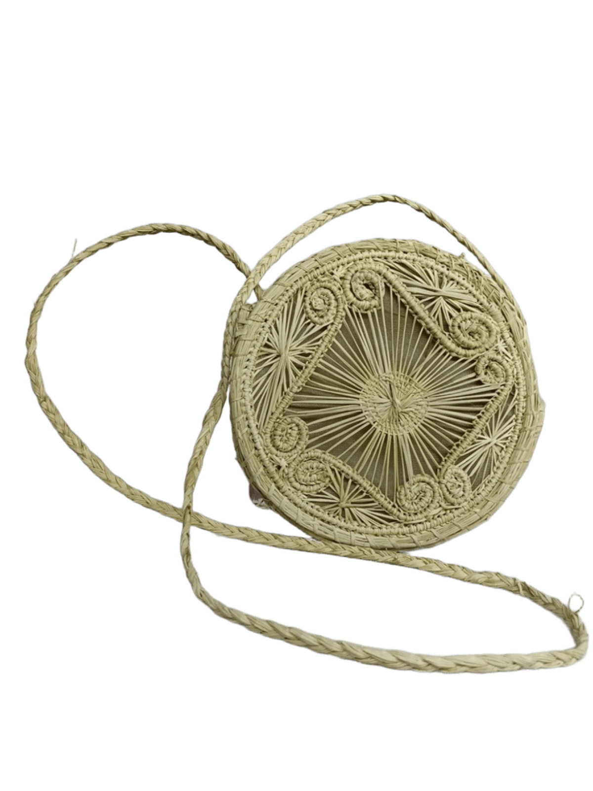 Bolso yoyo redondo en palma de iraca con tejido natural con figuras y lazo tipo trenza color beige