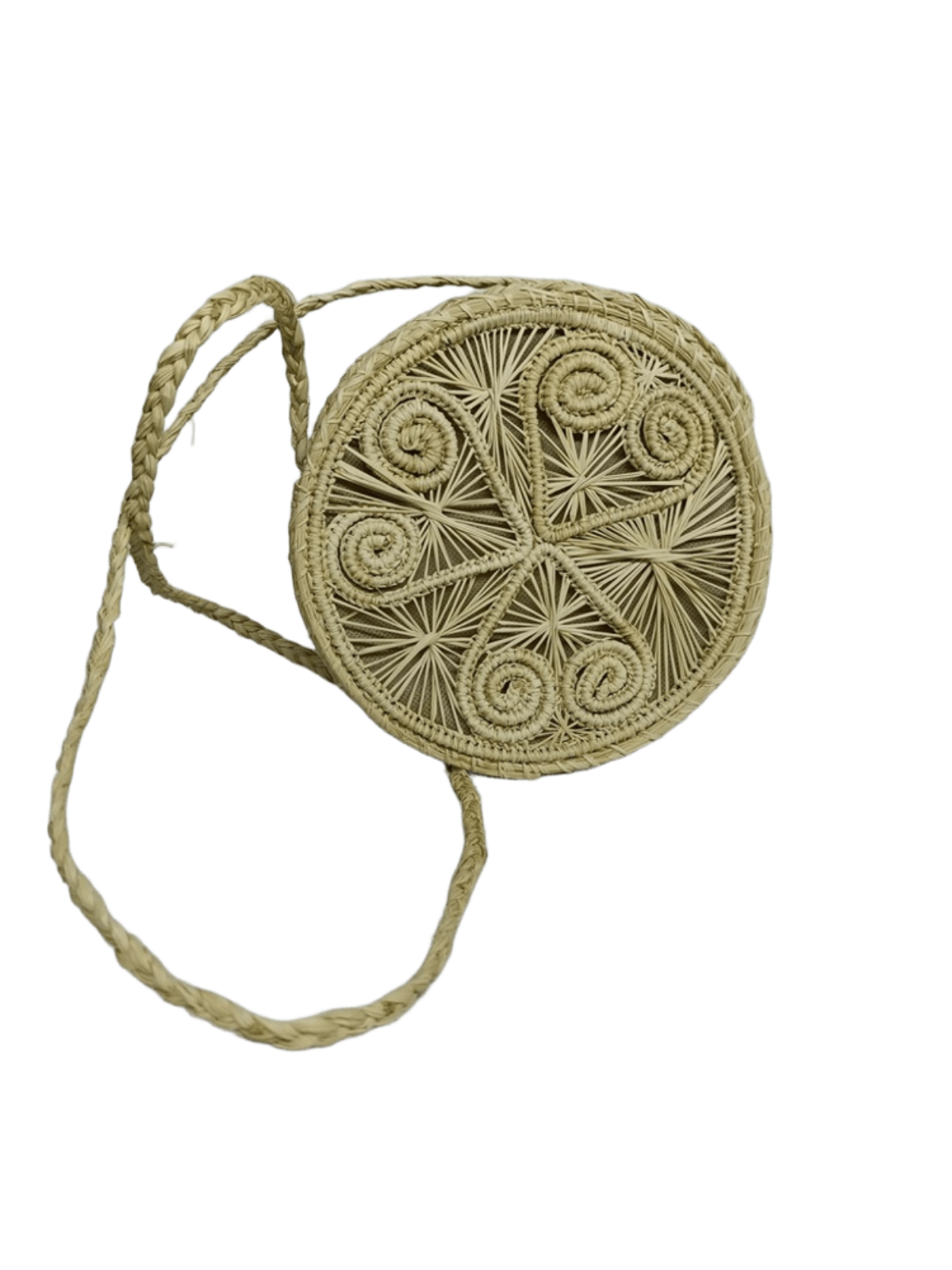 Bolso yoyo redondo en palma de iraca con tejido natural con figuras y lazo tipo trenza color beige