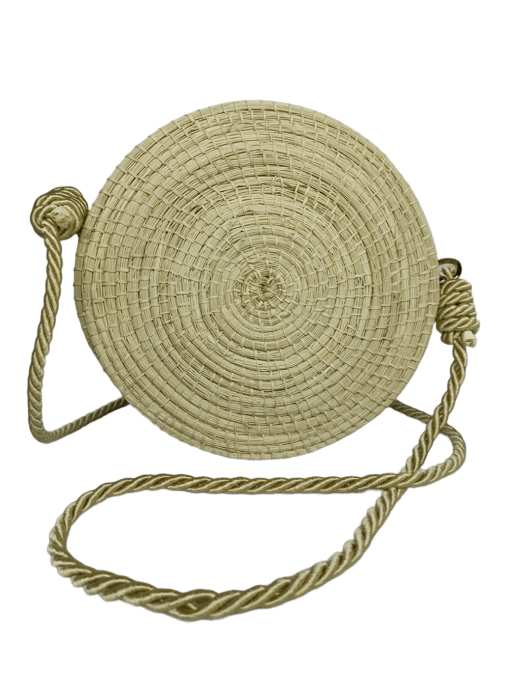 Bolso yoyo redondo en palma de iraca liso y lazo beige
