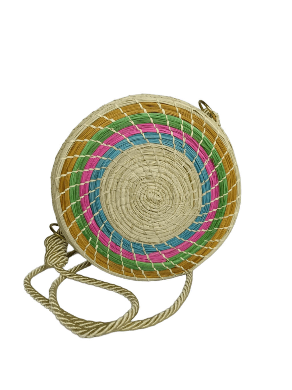Bolso yoyo redondo en palma de iraca colorido y lazo color beige