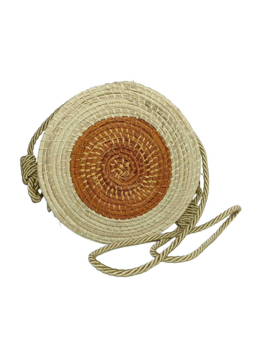Bolso yoyo redondo en palma de iraca con el centro colorido y lazo beige