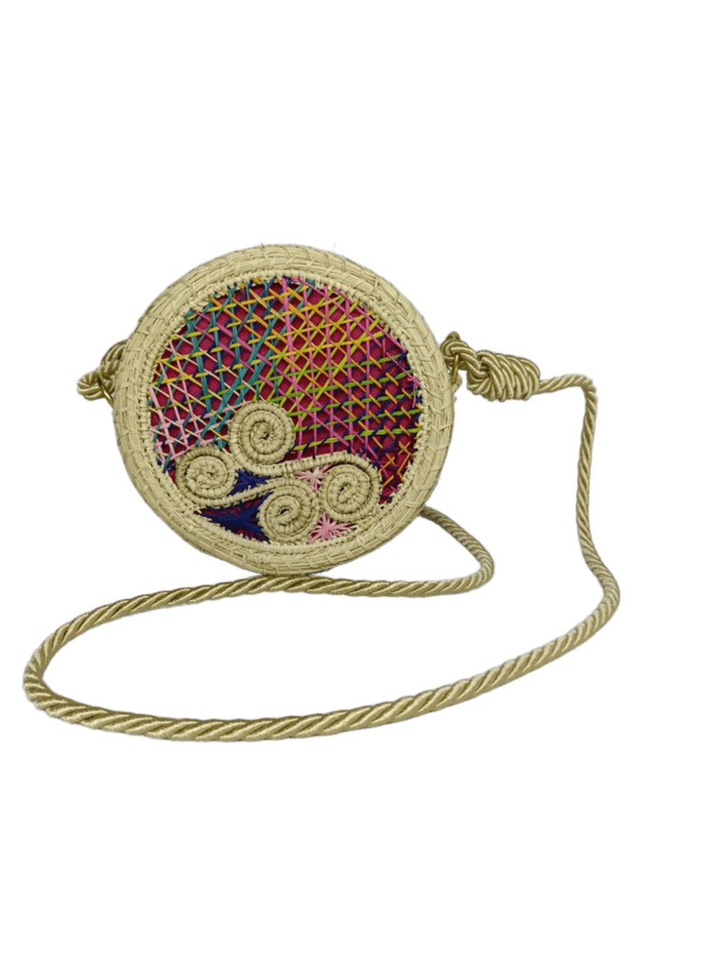 Bolso yoyo redondo en palma de iraca con tejido colorido, figuras en forma de caracoles y lazo beige