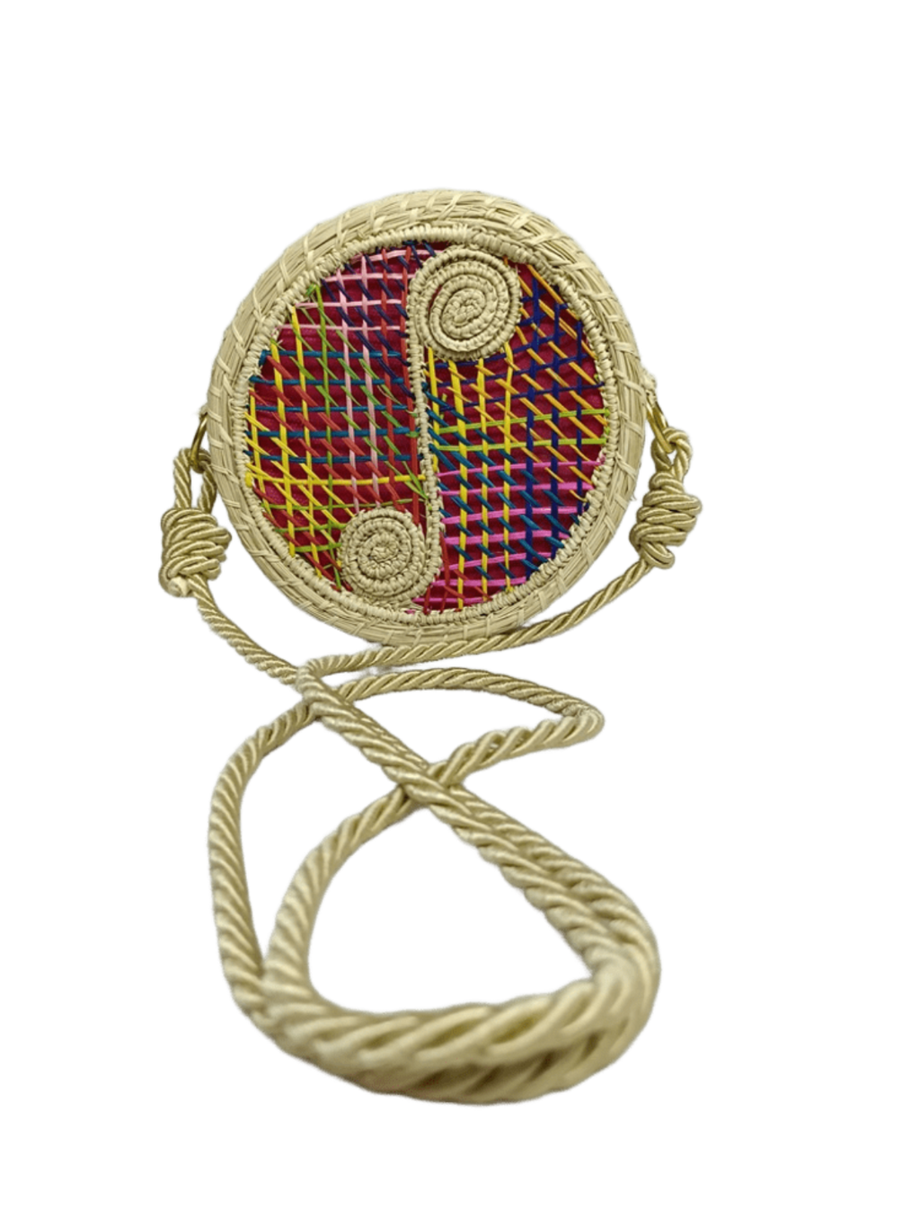 Bolso yoyo redondo en palma de iraca con tejido colorido, figuras en forma de nota musical y lazo beige