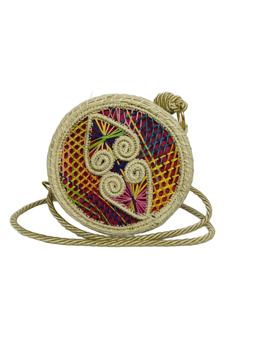 Bolso yoyo redondo en palma de iraca con tejido colorido, figuras en forma de corazón y lazo beige