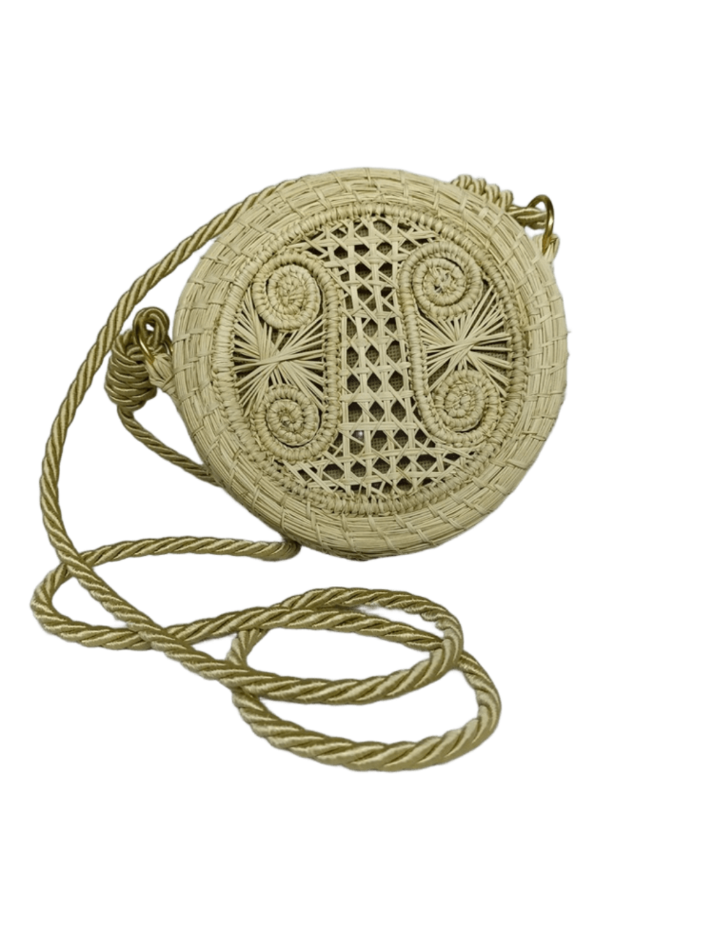 Bolso yoyo redondo en palma de iraca con tejido natural, figuras en forma de caracoles y lazo beige