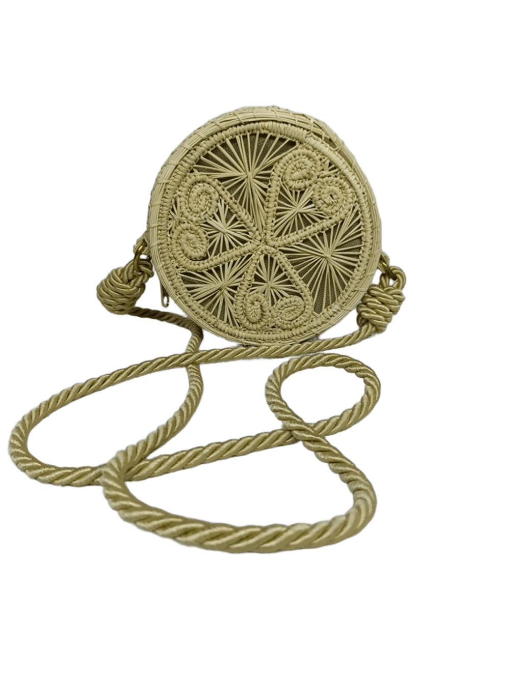 Bolso yoyo redondo en palma de iraca con tejido colorido, figuras en forma de corazón y lazo beige