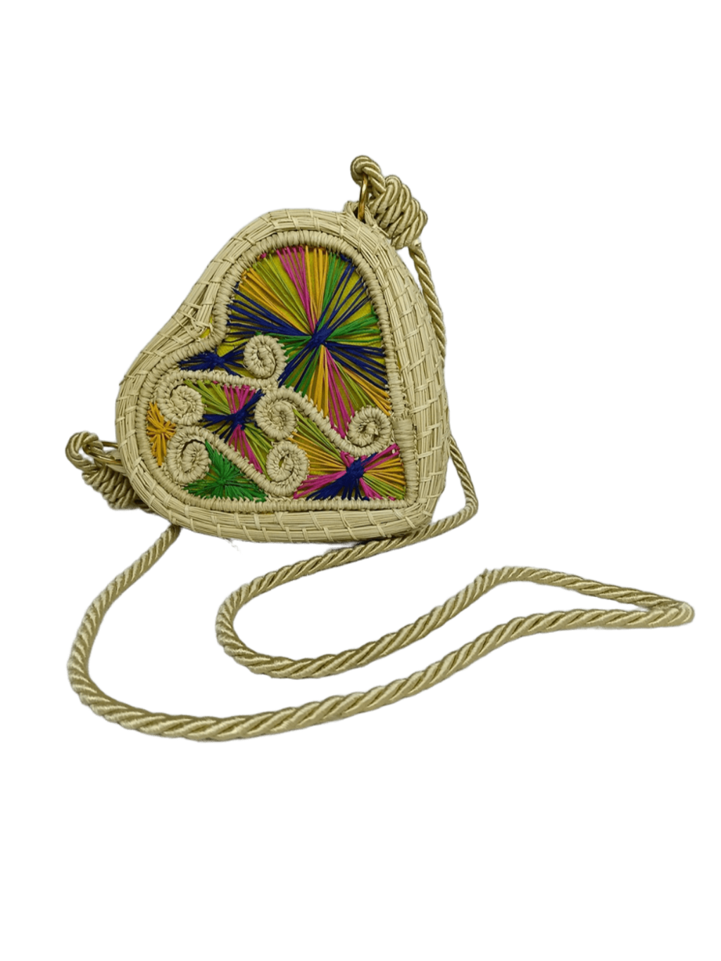 Bolso yoyo redondo en palma de iraca con tejido colorido, figuras en forma de caracoles y lazo beige