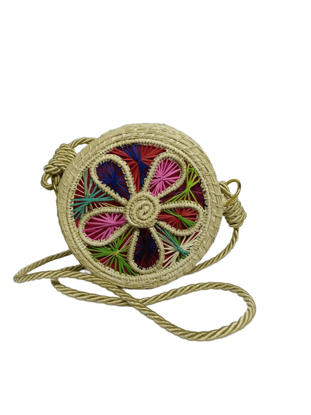 Bolso yoyo redondo en palma de iraca con tejido colorido, figuras en forma de flor y lazo beige