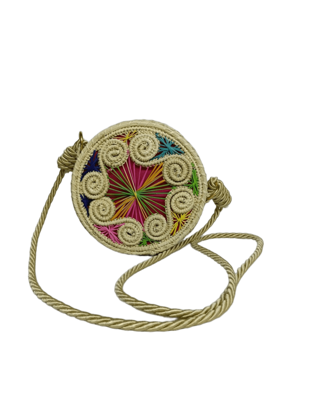 Bolso yoyo redondo en palma de iraca con tejido colorido, figuras en forma de caracoles y lazo beige