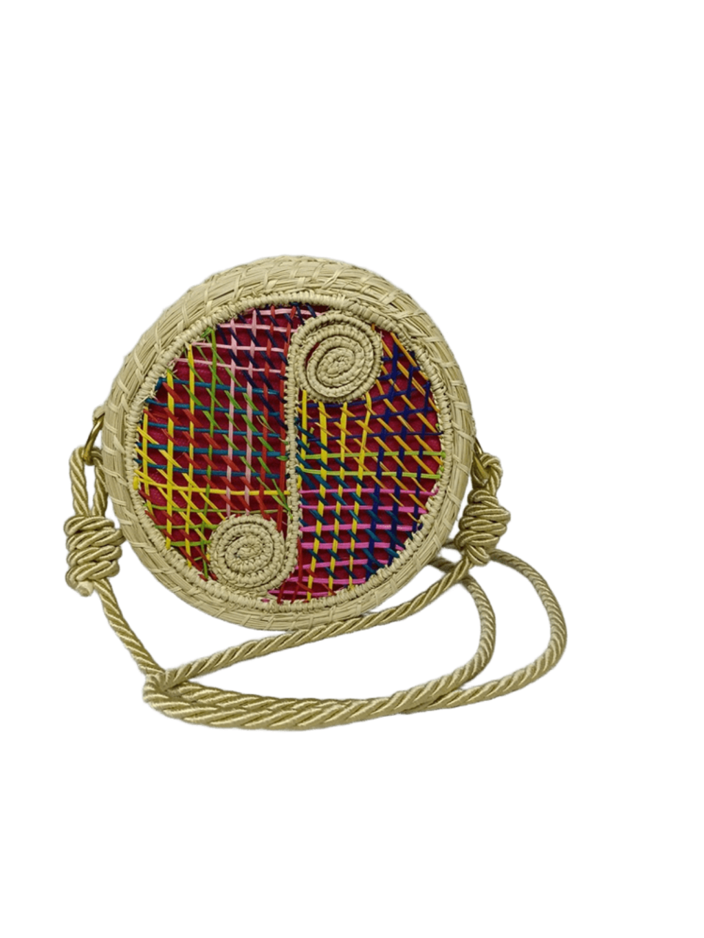 Bolso yoyo redondo en palma de iraca con tejido colorido, figuras en forma de nota musical y lazo beige