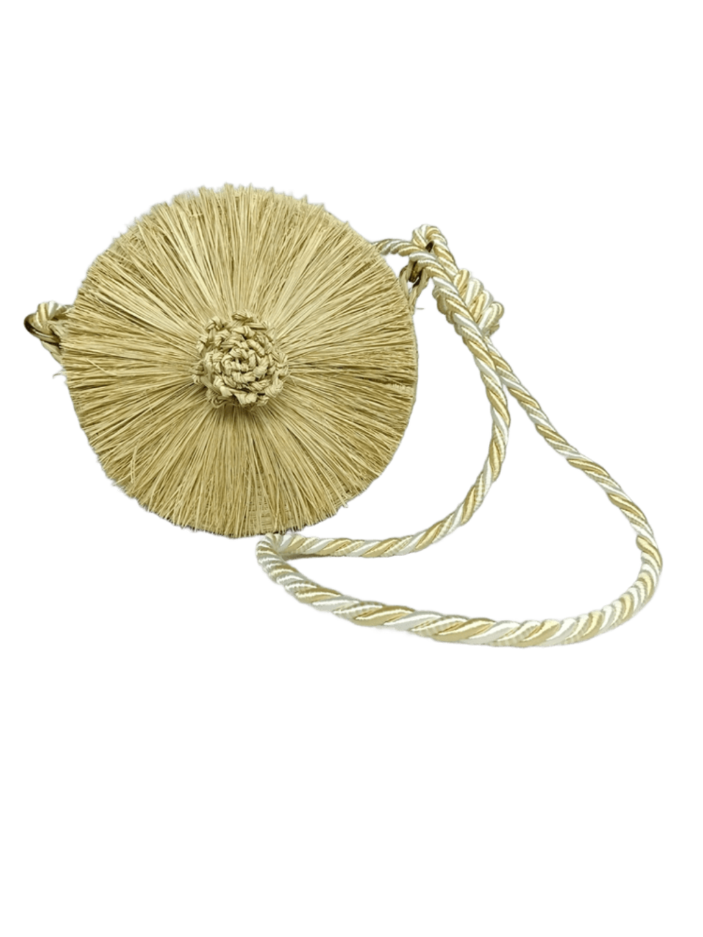 Bolso yoyo redondo en palma de iraca con tejido en forma de bellota, lazo beige y herraje artesanal
