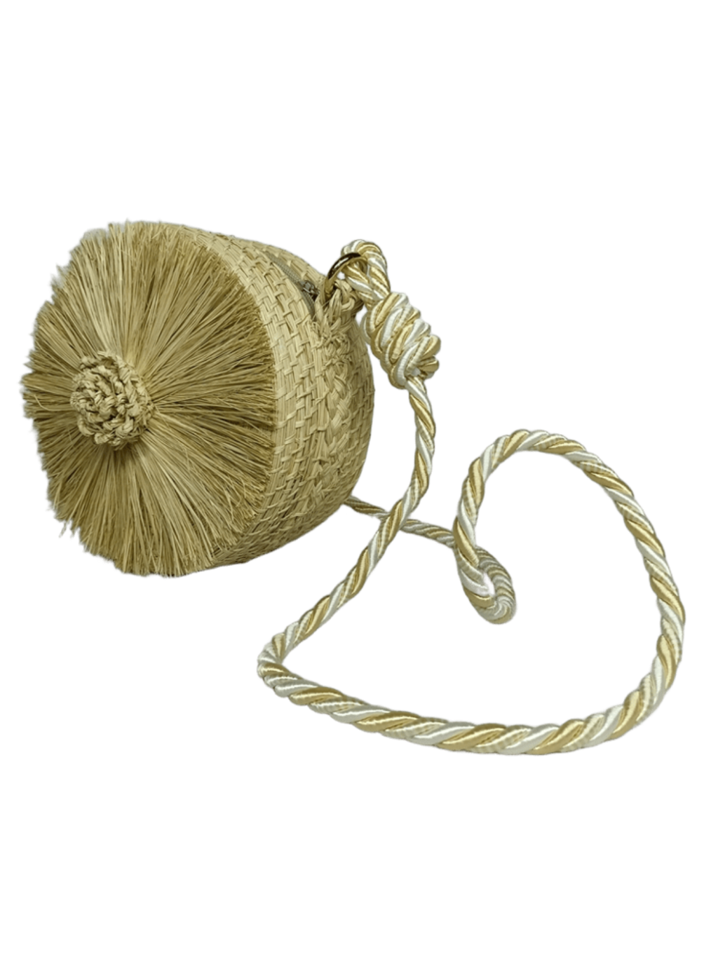 Bolso yoyo redondo de perfil en palma de iraca con tejido en forma de bellota, lazo beige y herraje artesanal