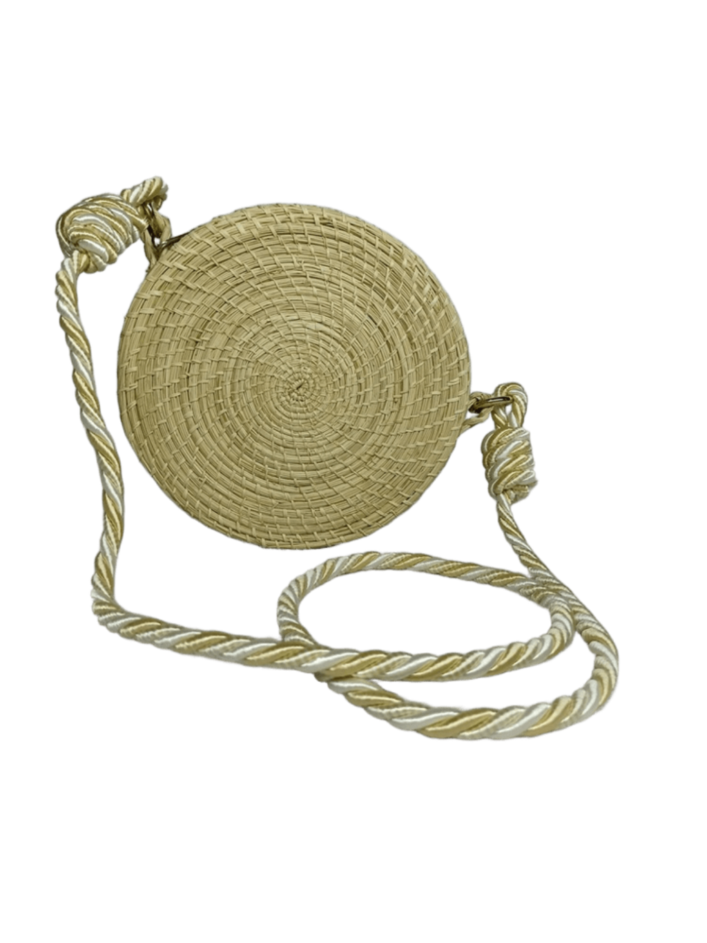 Bolso yoyo redondo en palma de iraca tejido liso natural con lazo beige