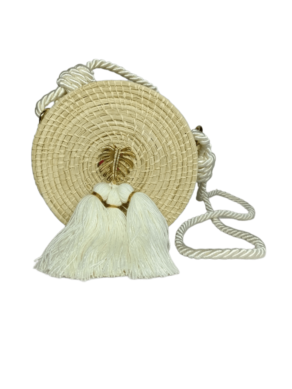Bolso yoyo redondo en palma de iraca liso con herraje, borlas color blanco y lazo color blanco