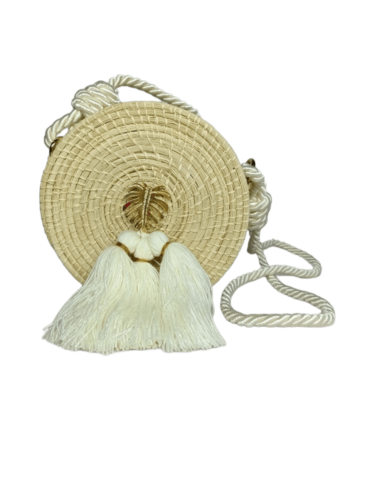 Bolso yoyo redondo en palma de iraca liso con herraje, borlas color blanco y lazo color blanco