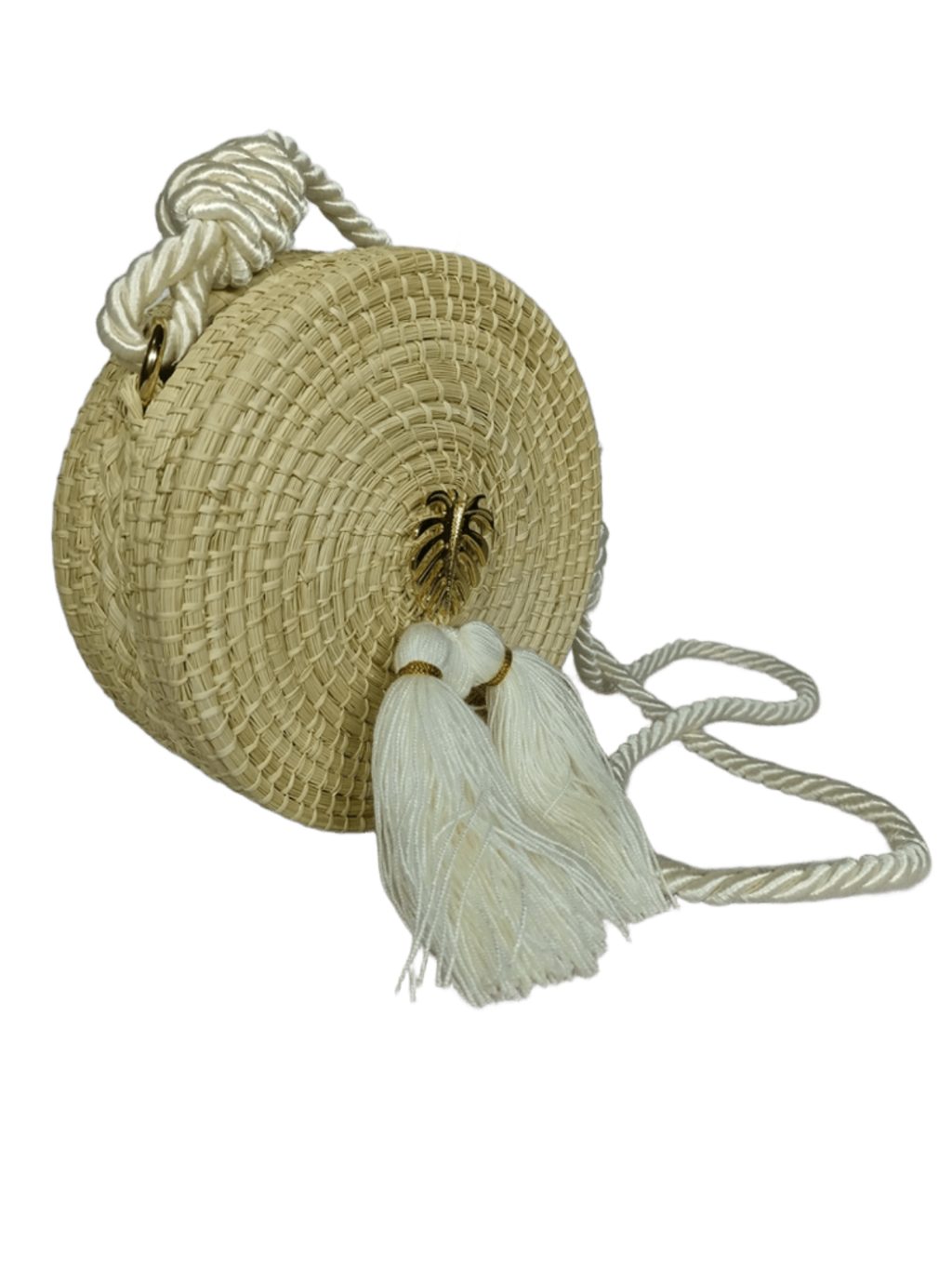 Bolso yoyo redondo de perfil en palma de iraca liso con herraje, borlas color blanco y lazo color blanco