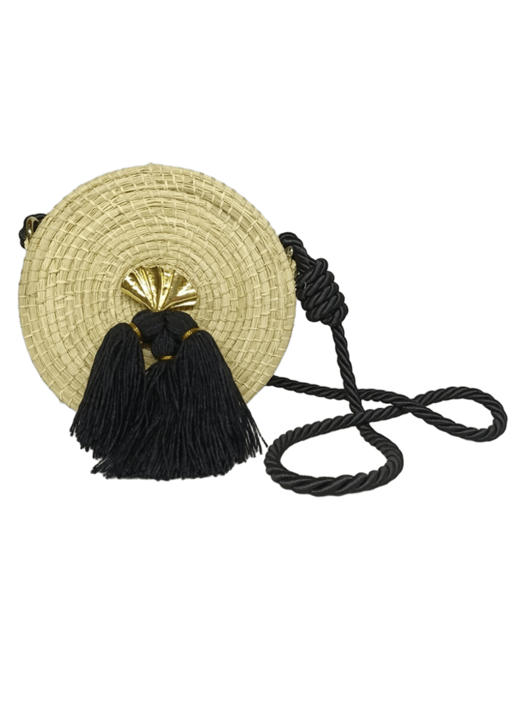 Bolso yoyo redondo en palma de iraca liso con herraje, borlas color negro y lazo color negro