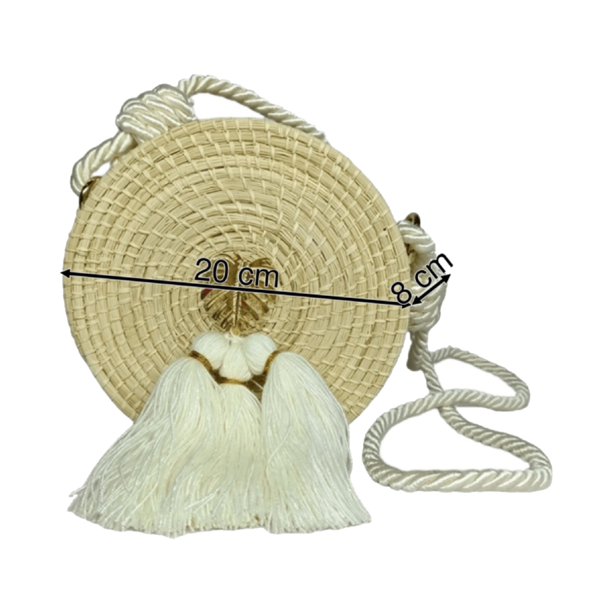 Bolso yoyo redondo en palma de iraca liso con herraje, borlas color blanco y lazo color blanco